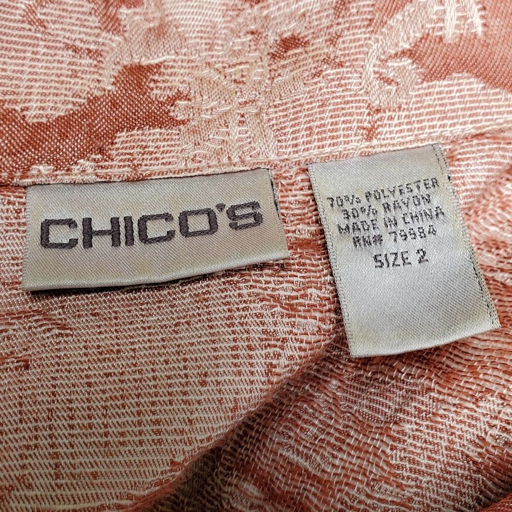 Chico's Sz 2 Red Tan Floral Damask Tapestry Jacket Pockets Collar Chicos Sz L 12 - Picture 13 of 14